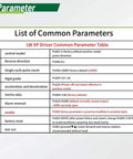 LW XP Driver Common Parameter Table showing settings for control modes, reverse direction, pulse count, and more.