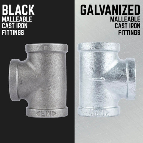 Black and galvanized malleable cast iron fittings for Galvanized Malleable Iron One Half Inch Couplings Kit Ten Pack For DIY Pipe Furniture Building And Home Plumbing Projects Durable Fittings To Link Pipe Sections For Custom Rustic Decor And Practical Installations.