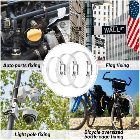 Heavy Duty Adjustable Hose Clamp Kit 304 Stainless Steel Band 14.7 Ft Duct Strapping With Holes And 10 Strong Fasteners, Large Worm Gear Band Clamps For Pipe Plumbing And Mechanical Projects shown in various applications.