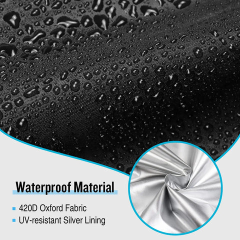 Close-up of waterproof black 420D Oxford fabric with water droplets and UV-resistant silver lining for cart cover.