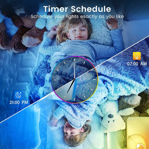 Child sleeping with 60Ft Bluetooth LED Strip Lights With Music Sync, RGB color changing lighting, timer schedule feature.