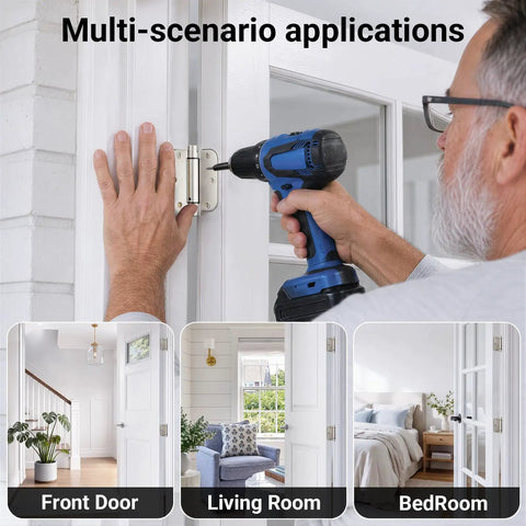Installing Two Pack Self Closing Door Hinges 3.5 Inch Satin Nickel Spring Loaded on interior door with screwdriver.