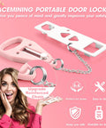 Portable Door Lock For Home And Travel Security And Privacy Lock That Keeps Doors From Opening From Outside Pink 1 Pack Great For Hotels Apartments Dorm Rooms College Campuses And On The Go, showing pink lock and features.