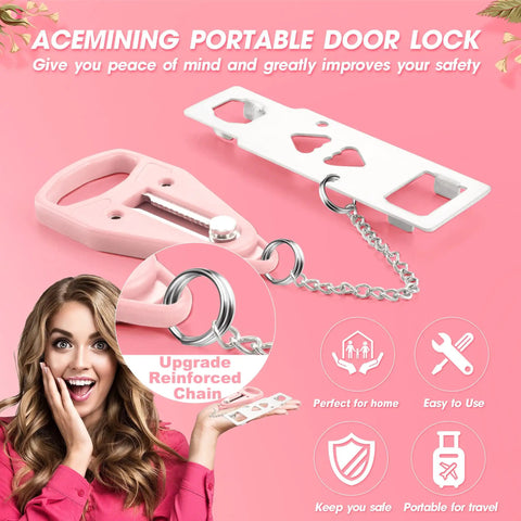 Pink Portable Door Locker For Travel And Home Security Easy To Use Door Lockdown For Extra Privacy On The Go In Hotels Dorms Apartments And Offices Lightweight And Durable 2 Pack with reinforced chain and easy installation.