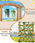 Arched-Top Wooden Garden Arch For Outdoor Use, 7.5 Ft Tall Trellis Arbor For Climbing Plants, side view with climbing vines.