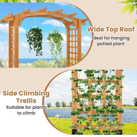 Arched-Top Wooden Garden Arch For Outdoor Use, 7.5 Ft Tall Trellis Arbor For Climbing Plants, side view with climbing vines.