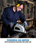 Man using 8.25 Inch Metal Cutting Circular Saw With High Torque Motor, Cuts Steel Clean And Cool Without Heat Or Burrs, Adjustable 3 Inch Depth, Chip Collector, No Sparks, Includes TCT Blade For Fast Burr Free Fabrication in workshop.