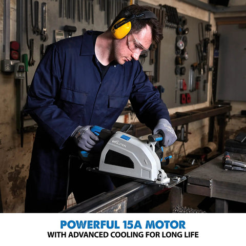 Man using 8.25 Inch Metal Cutting Circular Saw With High Torque Motor, Cuts Steel Clean And Cool Without Heat Or Burrs, Adjustable 3 Inch Depth, Chip Collector, No Sparks, Includes TCT Blade For Fast Burr Free Fabrication in workshop.