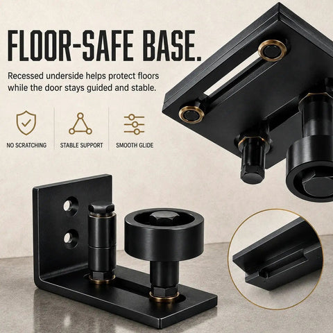 Rugged Barn Door Floor Guide With Fully Adjustable Sliding Track And Wall Mount Stabilizer For Slick Gliding Doors That Ride Steady And Roll Super Clean Through Everyday Grind, floor-safe base with recessed underside.