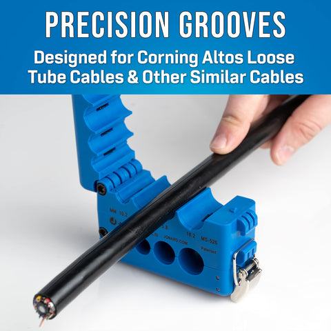 Mid Span Slit And Ring Tool For Fiber Optic Cables 10.2mm To 18.2mm showing blue precision grooves and hand using tool.