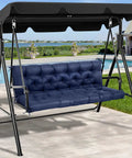 Blue Memory Foam Porch Swing Cushion For Outdoor Patio 60 Inch By 40 Inch Two To Three Seater With Headrest All Weather Super Cozy Plush Support Replacement Cushion For Swing Chair installed on a patio swing.