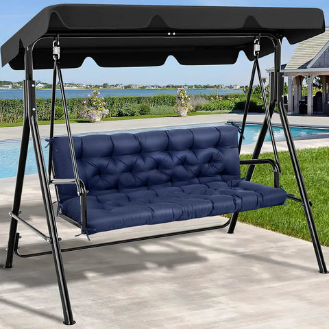 Blue Memory Foam Porch Swing Cushion For Outdoor Patio 60 Inch By 40 Inch Two To Three Seater With Headrest All Weather Super Cozy Plush Support Replacement Cushion For Swing Chair installed on a patio swing.