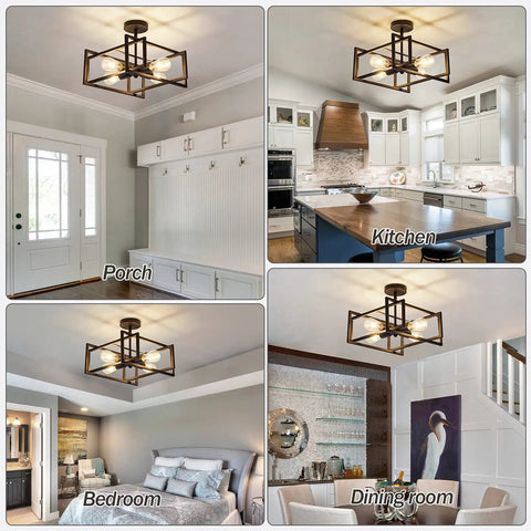 Four Light Black Industrial Flush Mount Ceiling Light Fixture For Kitchen Island And Dining Room Farmhouse Style in various rooms