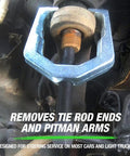 1 1/16 Inch Tie Rod End And Pitman Arm Puller Built Tough Drop Forged Removal Tool For Cars And Light Trucks, Heavy Duty 2-1/16 Inch Yoke, Fast, Effort Saving Pro Grade Performance used on a tie rod end