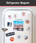 White refrigerator with various photo magnets created using Ten Pack Magnetic Sheets With Adhesive Backing 8 By 10 Inch Cut To Size.