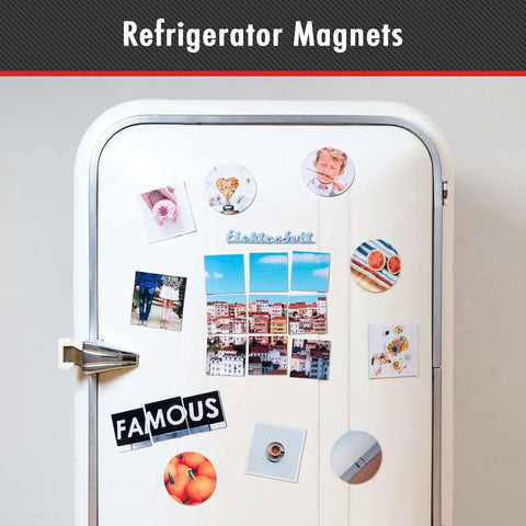 White refrigerator with various photo magnets created using Ten Pack Magnetic Sheets With Adhesive Backing 8 By 10 Inch Cut To Size.
