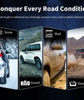 Four vehicles on snow, gravel, mud, and desert showcasing versatility to conquer every road condition.