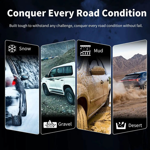 Four vehicles on snow, gravel, mud, and desert showcasing versatility to conquer every road condition.
