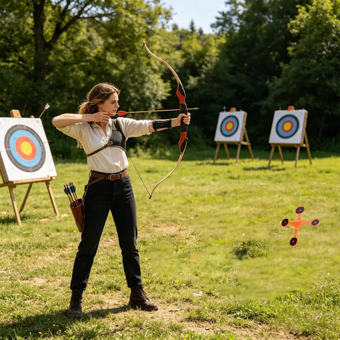 Archer aiming at target with bow and arrow in outdoor setting with multiple targets at a park.