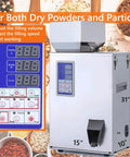 Heavy Duty Automatic Powder Filling Machine And Rock Solid Particle Dispenser For Bulk Flour Grains Seeds Coffee Beans 500g Capacity With Bullseye Accuracy Auto Counting Scale 110v with control panel and dimensions shown.