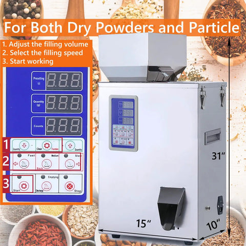 Heavy Duty Automatic Powder Filling Machine And Rock Solid Particle Dispenser For Bulk Flour Grains Seeds Coffee Beans 500g Capacity With Bullseye Accuracy Auto Counting Scale 110v with control panel and dimensions shown.