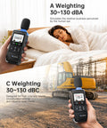 Real Time Decibel Meter With 2 Inch IPS Screen For Home And Office A Weighted Sound Level Meter Measuring 30 To 130 dB For TVs, Speakers, Appliances, Toys, Pool Pumps With Light And Dark Theme, handheld sound meter showing bed and construction use