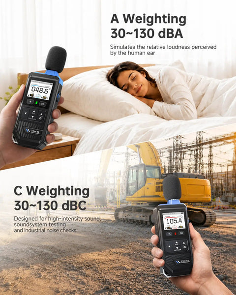 Real Time Decibel Meter With 2 Inch IPS Screen For Home And Office A Weighted Sound Level Meter Measuring 30 To 130 dB For TVs, Speakers, Appliances, Toys, Pool Pumps With Light And Dark Theme, handheld sound meter showing bed and construction use