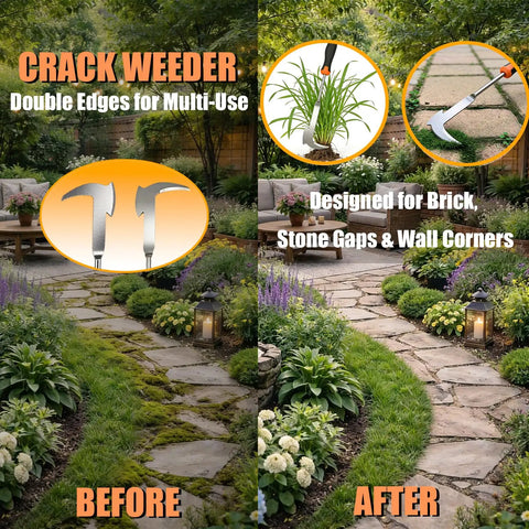 All In One 5 Pack Weed Puller Tool Set With Stainless Steel V Shaped Digger, 4 Tine Cultivator, Crack Weeder before and after use