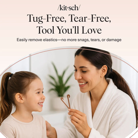 Elastic Hair Tie Cutter Tool No Tug Removal Multicolor 3pc Set Snips Under Tiny Bands For Quick Safe Hair Styling Perfect For Braids Ponytails Toddlers And Kids Hair Care, shown with mother and child