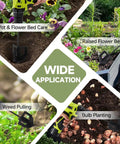 4 In 1 Garden Tool Attachments Cultivator Tiller Digger And Loosener Auger showing use in garden, raised beds, potting, and bulb planting.