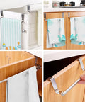 Over Cabinet Towel Bar With Hooks For Bathroom And Kitchen Brushed Stainless Steel shown in use on wooden cabinet doors.