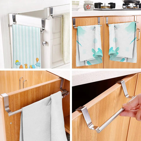Over Cabinet Towel Bar With Hooks For Bathroom And Kitchen Brushed Stainless Steel shown in use on wooden cabinet doors.