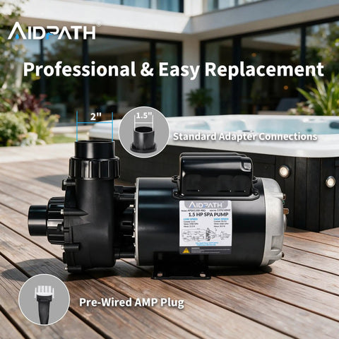 Top Shelf 1.5 Horsepower Hot Tub Spa Pump With Nema 48 Frame Motor and smooth dual speed switch on deck.