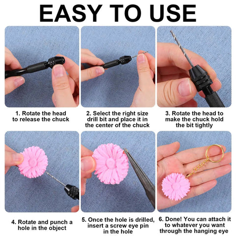 Hella Durable Zinc Alloy Hand Drill Set With Six Hundred Eye Screws Ten Precision Bits And Fifteen Keychain Rings Sweet For Resin Crafting Diy Epoxy Molds And Creative Hobby Vibe Projects, step-by-step usage guide.