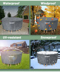 Beefy 600D Round Outdoor Furniture Cover Waterproof For Patio Table And Chairs Set in four seasonal uses: waterproof, windproof, UV-resistant, snowproof.