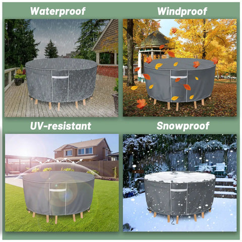 Beefy 600D Round Outdoor Furniture Cover Waterproof For Patio Table And Chairs Set in four seasonal uses: waterproof, windproof, UV-resistant, snowproof.