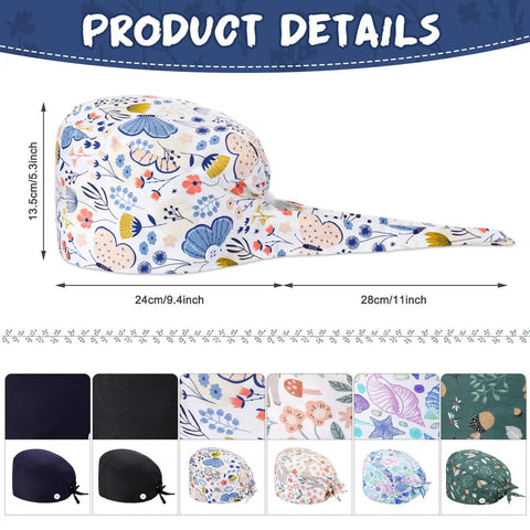 Six Pack Bouffant Scrub Caps With Buttons And Sweatband Unisex Surgical Nurse Hats in floral print, 24cm by 28cm size