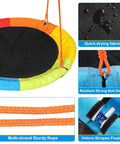 Rainbow Saucer Swing With Stand For Kids Outdoor Playset with waterproof seat, bolt design, and sturdy ropes.