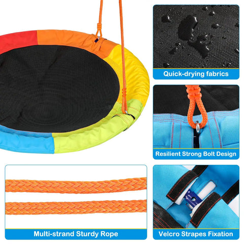 Rainbow Saucer Swing With Stand For Kids Outdoor Playset with waterproof seat, bolt design, and sturdy ropes.