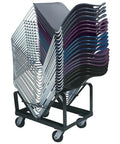 National Public Seating 8500 Series Commercial Chair Dolly Cart For Storing Up To Forty Stackable Dining Chairs In Heavy Duty Black Steel With Angle Design holding various chairs.