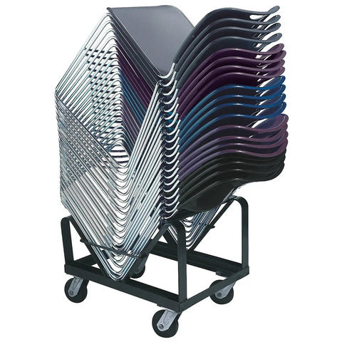 National Public Seating 8500 Series Commercial Chair Dolly Cart For Storing Up To Forty Stackable Dining Chairs In Heavy Duty Black Steel With Angle Design holding various chairs.