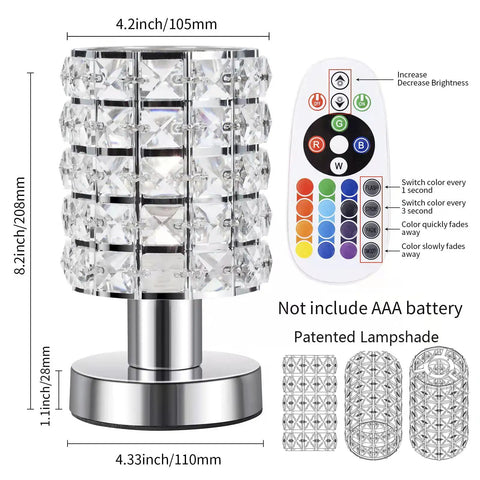 Crystal Table Desk Lamp With Remote, 16 Color Changing RGB LED Nightstand Light shown with remote control and dimensions