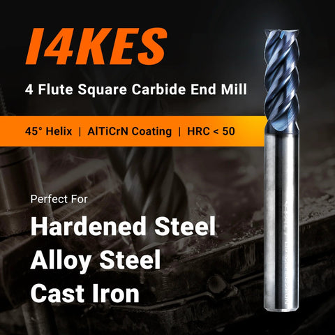 Carbide square-end end mill, 1/4 in shank, 4-flute, AlTiN-coated for hardened steel and alloys (front view)