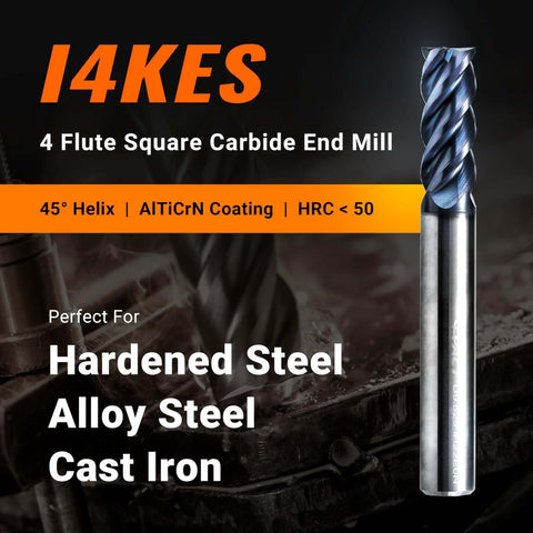 Carbide square-end milling bit, 1/8 in shank, 4-flute, AlTiN-coated, 45° helix