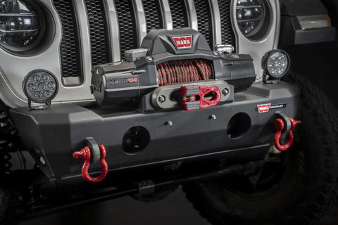 Front view of FlatLink E Closed Winch System Red For Off Road Recovery Easy Install Big Pear Shaped Shackle Hole on Jeep