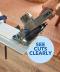 Close-up of Portable Saw Station Kit With 12V Brushless Compact Circular Saw And Multi Purpose Cutting Case in use cutting wood.