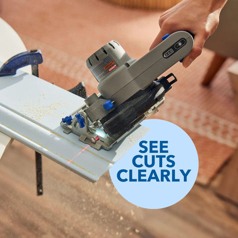 Close-up of Portable Saw Station Kit With 12V Brushless Compact Circular Saw And Multi Purpose Cutting Case in use cutting wood.