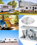 Collage showing RVs with 2 Pcs RV Door Catch And Trailer Door Latch Spring Loaded Easy Lock Stop Double Roller Zinc Alloy Durable Door Hardware.