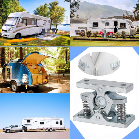 Collage showing RVs with 2 Pcs RV Door Catch And Trailer Door Latch Spring Loaded Easy Lock Stop Double Roller Zinc Alloy Durable Door Hardware.