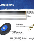 Heavy Duty Drain Cleaning Rods 9 Meters Long With Ten Flexible Interlocking Tubes Rust Proof Brass Couplings And A Spiral Auger Attachment displayed with dimensions.